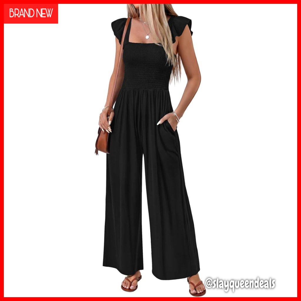 Summer Jumpsuit Smocked Bust Wide Leg Pockets Boho Vacation Wear